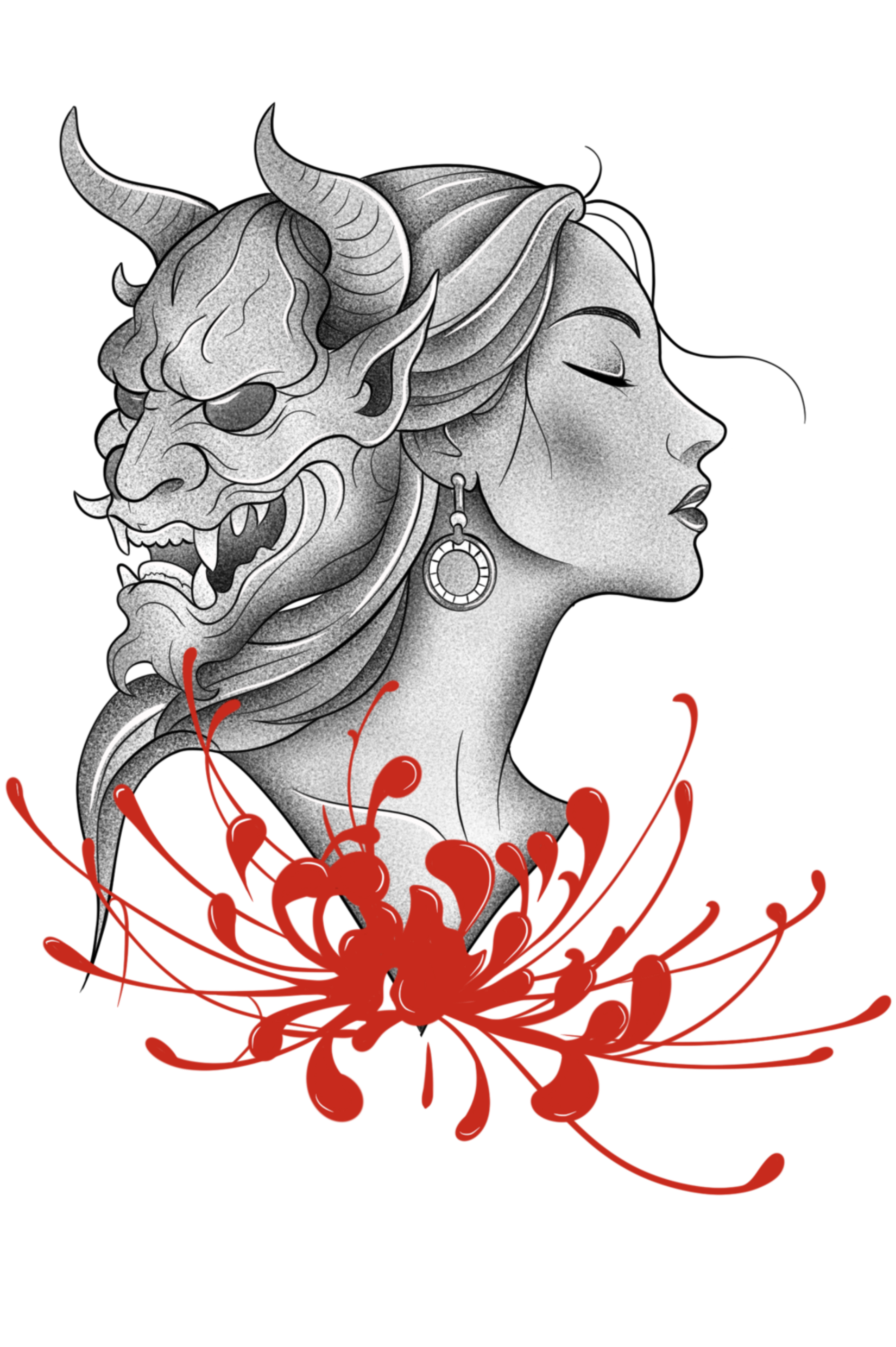 Dessin de flash femme et masque oni