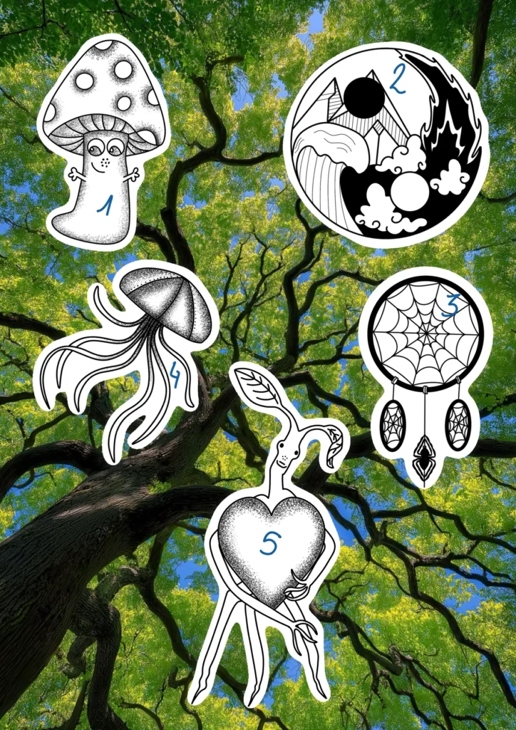 Flash tattoo « Forêt enchantée » dessiné par 6rius Tattoo près de Mulhouse.