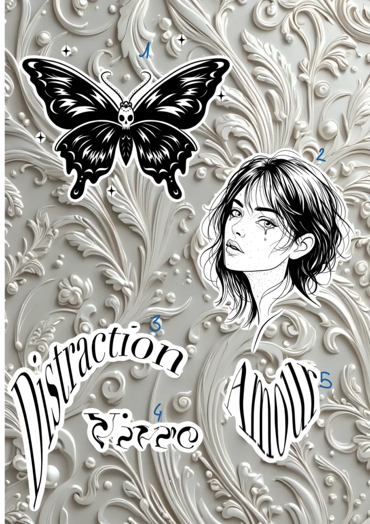 Flash tattoo « Papillon & portrait » dessiné par 6rius Tattoo près de Mulhouse.