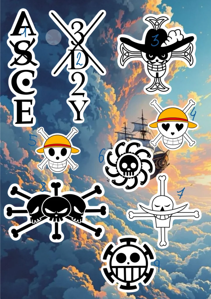 Flash tattoo « One Piece — Jolly Roger » dessiné par 6rius Tattoo près de Mulhouse.