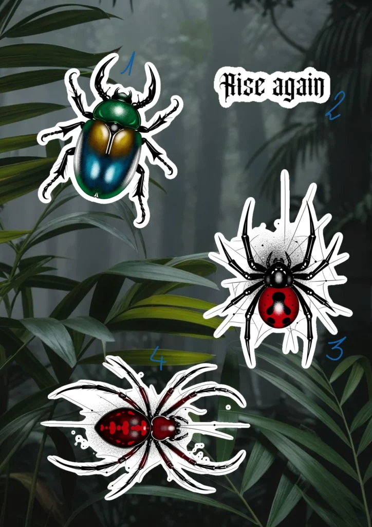 Flash tattoo « Insectes & araignées » dessiné par 6rius Tattoo près de Mulhouse.