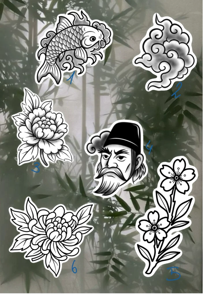 Flash tattoo « Japon traditionnel » dessiné par 6rius Tattoo près de Mulhouse.
