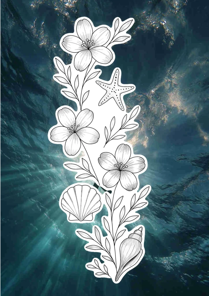 Flash tattoo « Fleurs marines » dessiné par 6rius Tattoo près de Mulhouse.