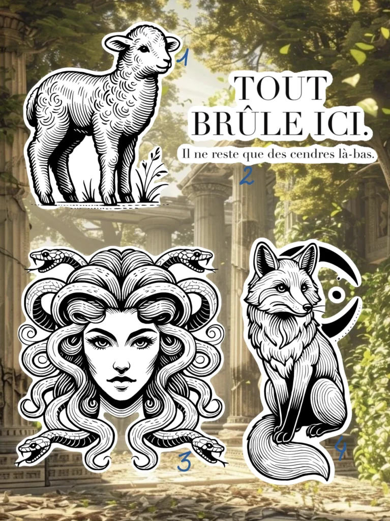Flash tattoo « Mythes & forêt » dessiné par 6rius Tattoo près de Mulhouse.