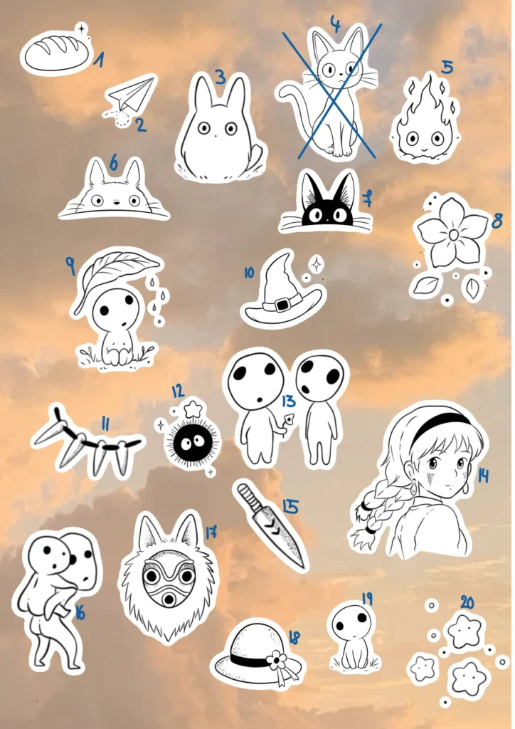 Flash tattoo « Univers Ghibli » dessiné par 6rius Tattoo près de Mulhouse.
