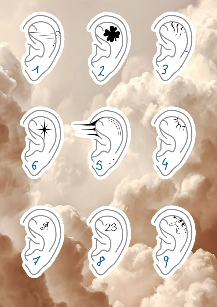 Flash tattoo « Oreilles & symboles » dessiné par 6rius Tattoo près de Mulhouse.