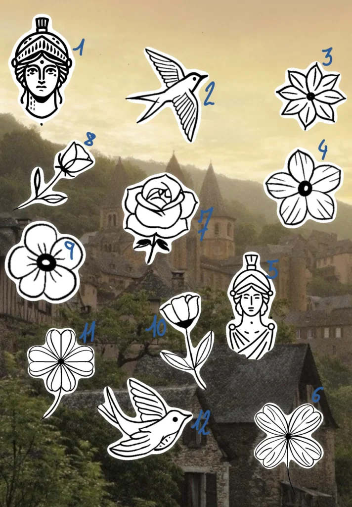 Flash tattoo « Athéna, fleurs & hirondelles » dessiné par 6rius Tattoo près de Mulhouse.