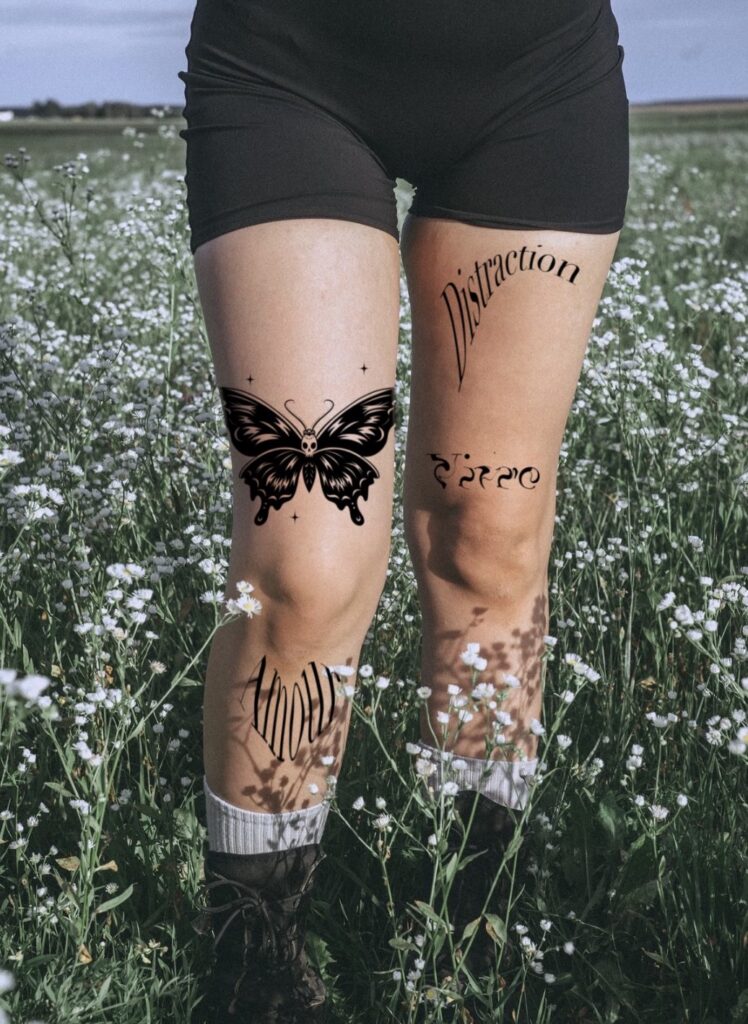 Flash tattoo « Papillon & portrait » dessiné par 6rius Tattoo près de Mulhouse, vue 2.