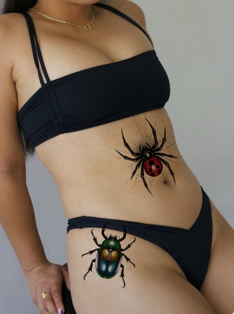 Flash tattoo « Insectes & araignées » dessiné par 6rius Tattoo près de Mulhouse, vue 2.