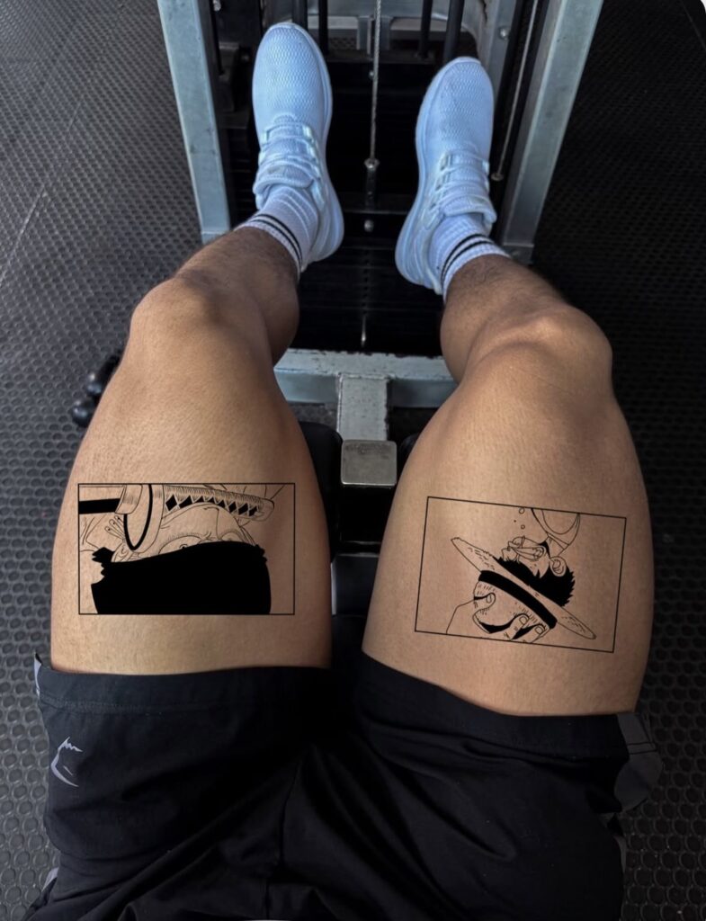 Flash tattoo « Luffy — souvenir d’Ace » dessiné par 6rius Tattoo près de Mulhouse, vue 2.