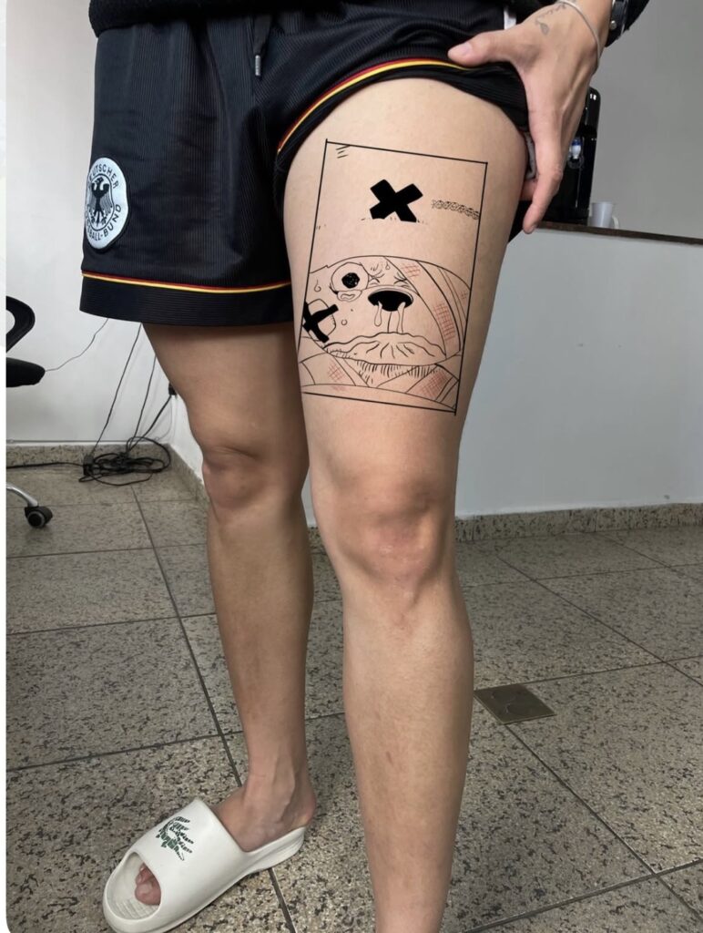 Flash tattoo « Chopper blessé » dessiné par 6rius Tattoo près de Mulhouse, vue 2.